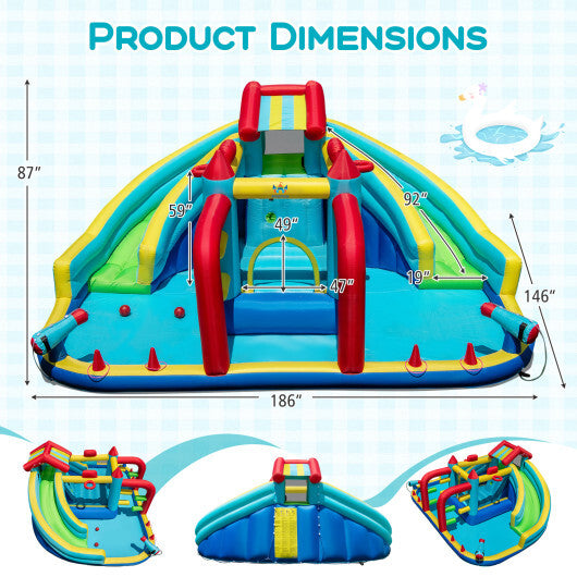 Inflatable Double Water Slide Park with Obstacle Course and 735W Blower