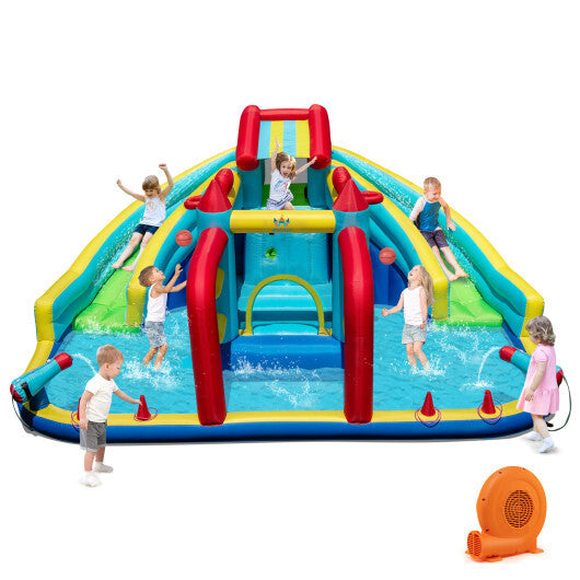 Inflatable Double Water Slide Park with 750W Blower and Obstacle Course