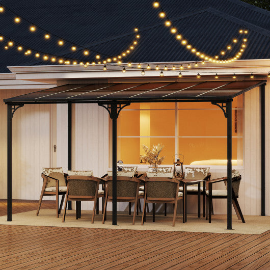 Wall-Mounted Patio Gazebo Large Outdoor Hardtop Pergola with Sloped Polycarbonate Roof-Black - Color: Natural