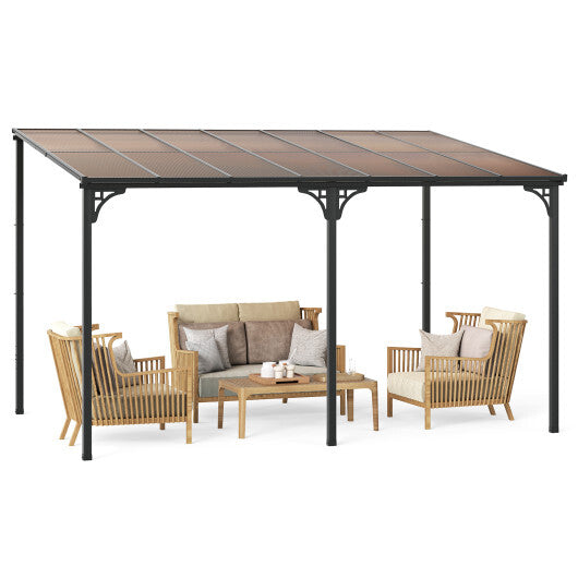 Wall-Mounted Patio Gazebo Large Outdoor Hardtop Pergola with Sloped Polycarbonate Roof-Black - Color: Natural