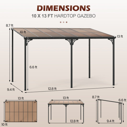 Wall-Mounted Patio Gazebo Large Outdoor Hardtop Pergola with Sloped Polycarbonate Roof-Black - Color: Natural
