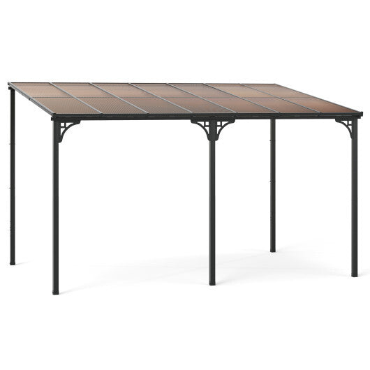 Wall-Mounted Patio Gazebo Large Outdoor Hardtop Pergola with Sloped Polycarbonate Roof-Black - Color: Natural