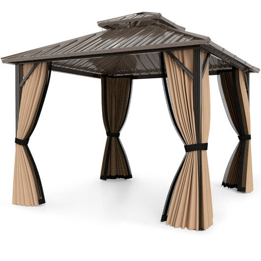 10 x 10 Feet Hardtop Gazebo with Netting and Curtain and Double-Roof Galvanized Metal Top - Color: Coffee - Size: 10 x 10 ft