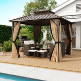 10 x 10 Feet Hardtop Gazebo with Netting and Curtain and Double-Roof Galvanized Metal Top