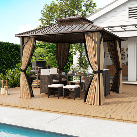 10 x 10 Feet Hardtop Gazebo with Netting and Curtain and Double-Roof Galvanized Metal Top