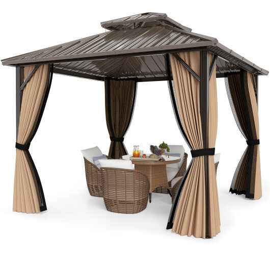 10 x 10 Feet Hardtop Gazebo with Netting and Curtain and Double-Roof Galvanized Metal Top