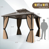 10 x 10 Feet Hardtop Gazebo with Netting and Curtain and Double-Roof Galvanized Metal Top