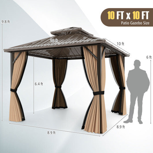 10 x 10 Feet Hardtop Gazebo with Netting and Curtain and Double-Roof Galvanized Metal Top