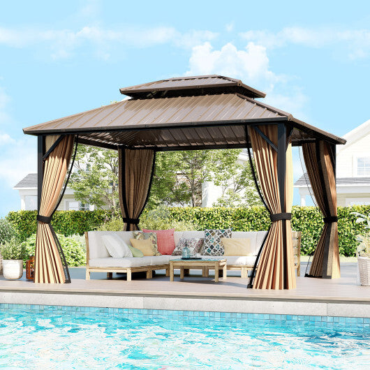 10 x 10 Feet Hardtop Gazebo with Netting and Curtain and Double-Roof Galvanized Metal Top
