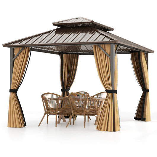 10 x 10 Feet Hardtop Gazebo with Netting and Curtain and Double-Roof Galvanized Metal Top