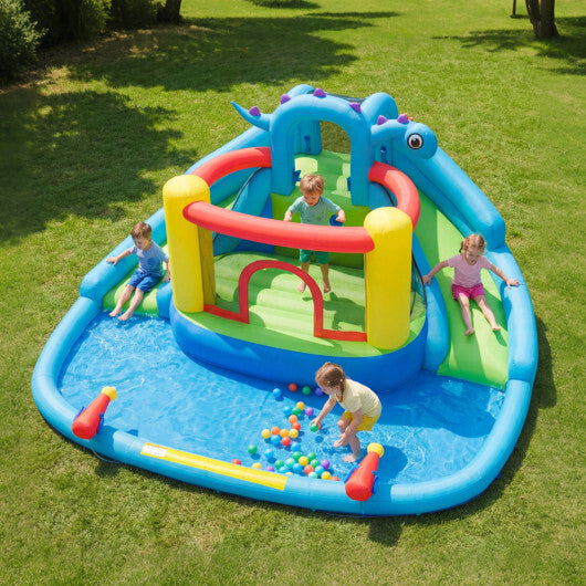 Dinosaur-themed Inflatable Water Slide Park with 950W Air Blower - Color: Multicolor