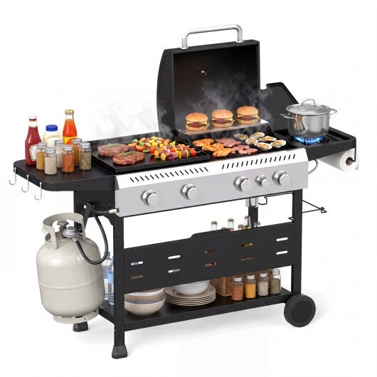 5-Burner Propane Gas Grill and Griddle Combo with Side Burner-Black - Color: Black