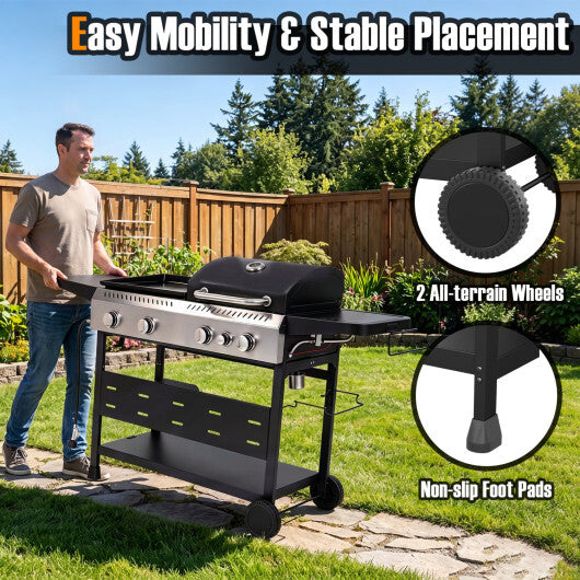 5-Burner Propane Gas Grill and Griddle Combo with Side Burner-Black - Color: Black