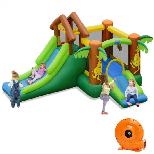Kids Inflatable Jungle Bounce House Castle with 735W Blower - Color: Green