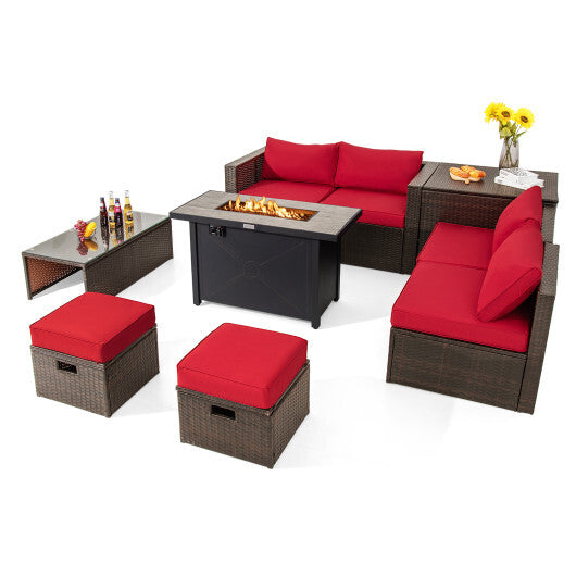 9 Pieces Outdoor Patio Furniture Set with 42 Inch Propane Fire Pit Table-Red - Color: Red