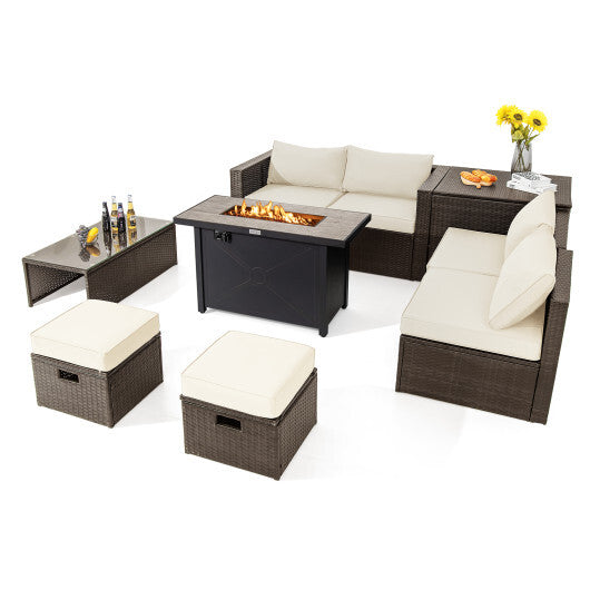 9 Pieces Outdoor Patio Furniture Set with 42 Inch Propane Fire Pit Table-White - Color: White