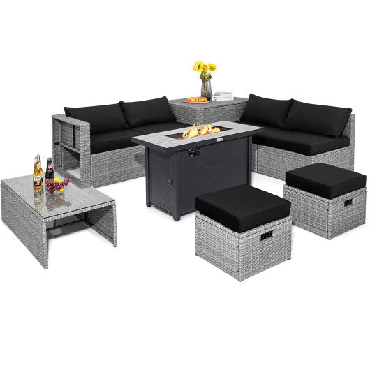 9 Pieces Patio Furniture Set with 42 Inches 60000 BTU Fire Pit-Black - Color: Black