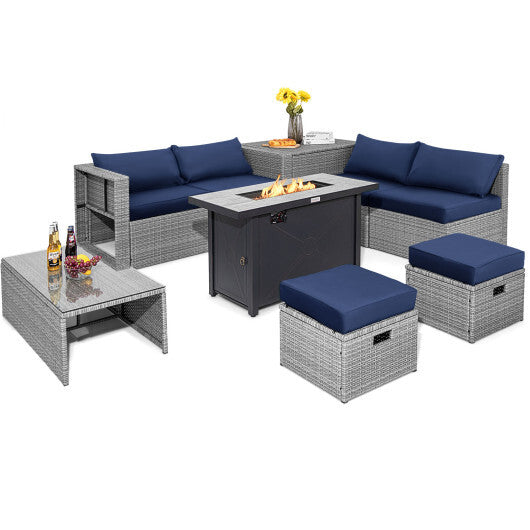 9 Pieces Patio Furniture Set with 42 Inches 60000 BTU Fire Pit-Navy - Color: Navy