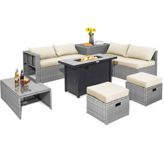 9 Pieces Patio Furniture Set with 42 Inches 60000 BTU Fire Pit-White - Color: White