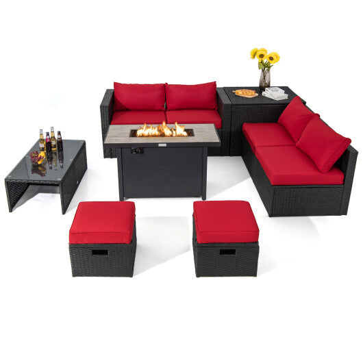 9 Pieces Outdoor PE Rattan Wicker Sectional Sofa with 42 Inch 60 000 BTU Gas Fire Pit Table-Red - Color: Red