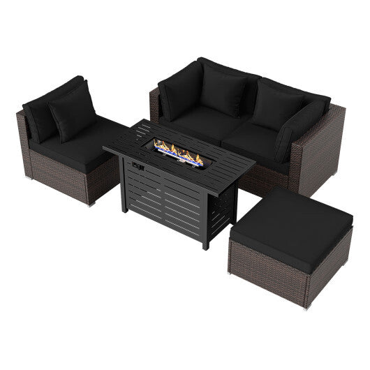 Heavy-duty Frame Rattan Sofa Set with 60000 BTU Firepit Table-Black - Color: Black