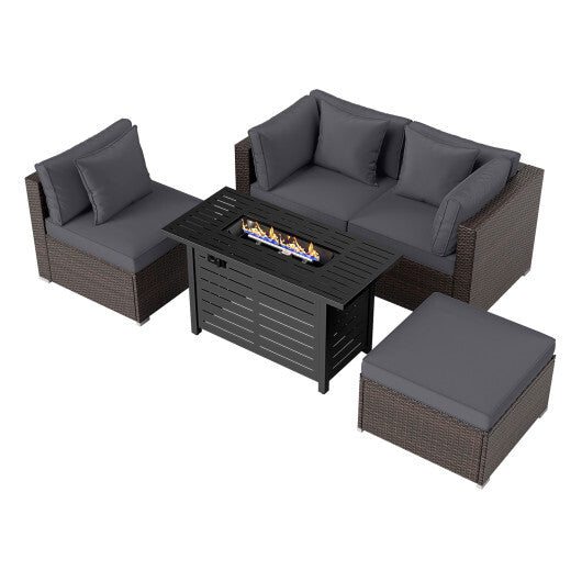 Heavy-duty Frame Rattan Sofa Set with 60000 BTU Firepit Table-Gray - Color: Gray