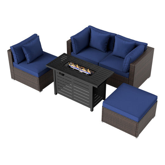 Heavy-duty Frame Rattan Sofa Set with 60000 BTU Firepit Table-Navy - Color: Navy