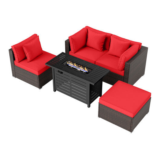 Heavy-duty Frame Rattan Sofa Set with 60000 BTU Firepit Table-Red - Color: Red