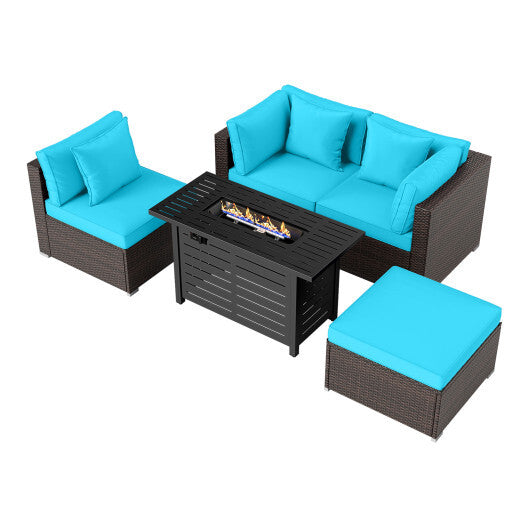 Heavy-duty Frame Rattan Sofa Set with 60000 BTU Firepit Table-Turquoise - Color: Turquoise