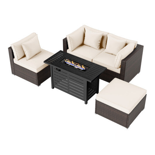 Heavy-duty Frame Rattan Sofa Set with 60000 BTU Firepit Table-Off White - Color: Off White