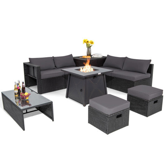 9 Piece Weatherproof Rattan Patio Conversation Set with 30 Inches Propane Fire Pit Table and Dust Covers-Gray - Color: Gray
