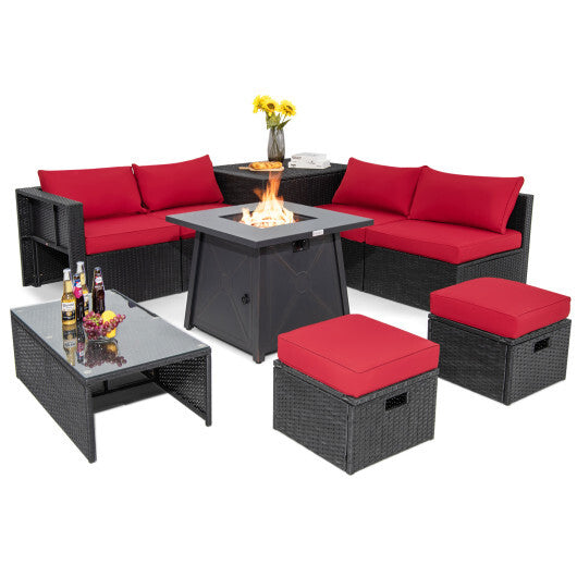 9 Piece Weatherproof Rattan Patio Conversation Set with 30 Inches Propane Fire Pit Table and Dust Covers-Red - Color: Red