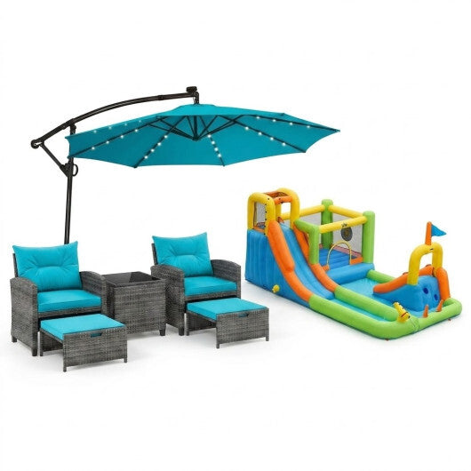 Summer Patio Luxury Bundle: 5-Pc Rattan Furniture Set  8-in-1 Water Slide & 10ft LED Offset Umbrella