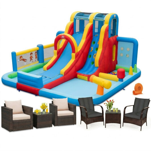Ultimate Backyard Summer Oasis Set: 6-Pc Patio Rattan Furniture  Inflatable Water Slide Park with 680W Blower