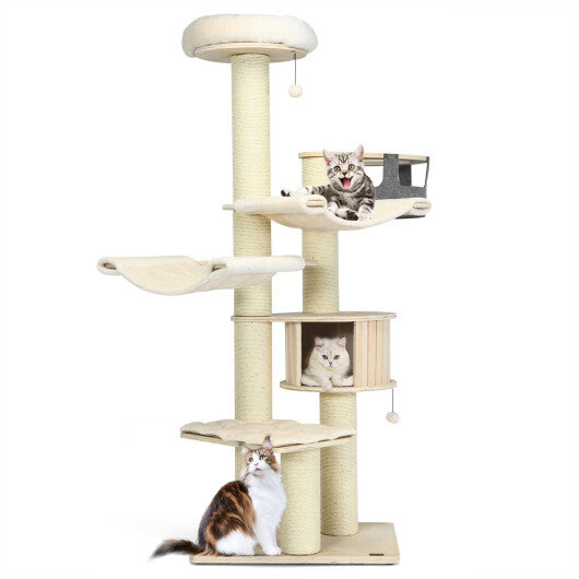 77.5-Inch Cat Tree Condo Multi-Level Kitten Activity Tower with Sisal Posts-Cream White - Color: Beige