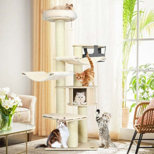 77.5-Inch Cat Tree Condo Multi-Level Kitten Activity Tower with Sisal Posts-Cream White - Color: Beige
