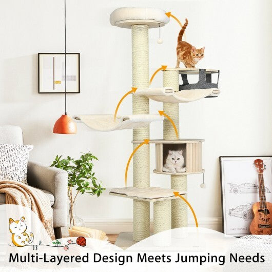 77.5-Inch Cat Tree Condo Multi-Level Kitten Activity Tower with Sisal Posts-Cream White - Color: Beige