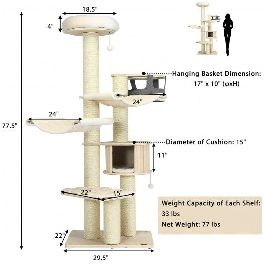 77.5-Inch Cat Tree Condo Multi-Level Kitten Activity Tower with Sisal Posts-Cream White - Color: Beige