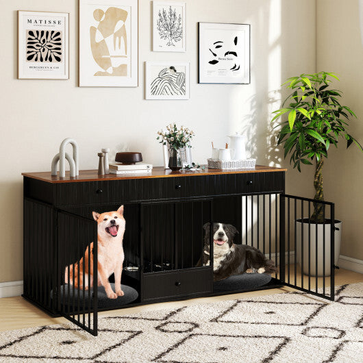 Dog Crate Furniture Indoor Modern Dog Kennel with Divider 3 Drawers and Pull-out Feeder-Black - Color: Black