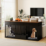Dog Crate Furniture Indoor Modern Dog Kennel with Divider 3 Drawers and Pull-out Feeder-Black - Color: Black