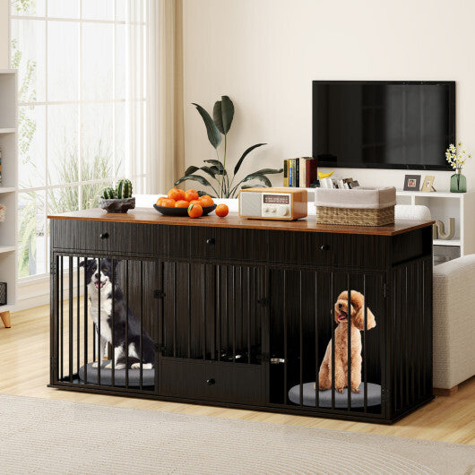 Dog Crate Furniture Indoor Modern Dog Kennel with Divider 3 Drawers and Pull-out Feeder-Black - Color: Black