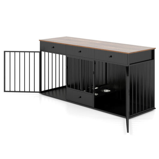 Dog Crate Furniture Indoor Modern Dog Kennel with Divider 3 Drawers and Pull-out Feeder-Black - Color: Black