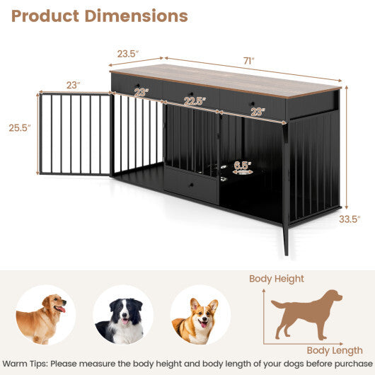 Dog Crate Furniture Indoor Modern Dog Kennel with Divider 3 Drawers and Pull-out Feeder-Black - Color: Black