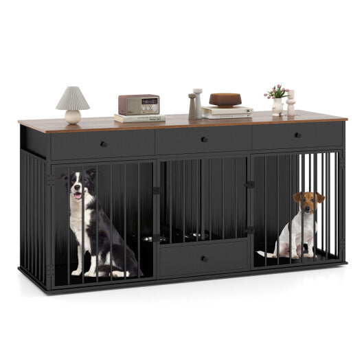 Dog Crate Furniture Indoor Modern Dog Kennel with Divider 3 Drawers and Pull-out Feeder-Black - Color: Black