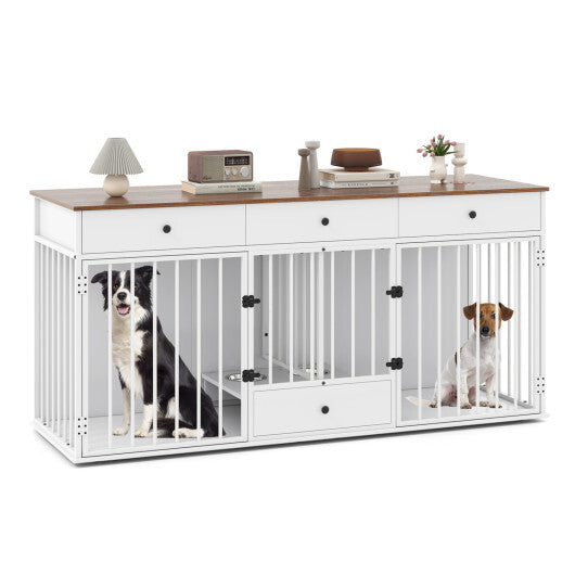 Dog Crate Furniture Indoor Modern Dog Kennel with Divider 3 Drawers and Pull-out Feeder-White - Color: White