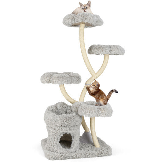 Freestanding Cat Tower with four Flower-shaped Platforms and Sisal Scratching Posts-Gray - Color: Gray