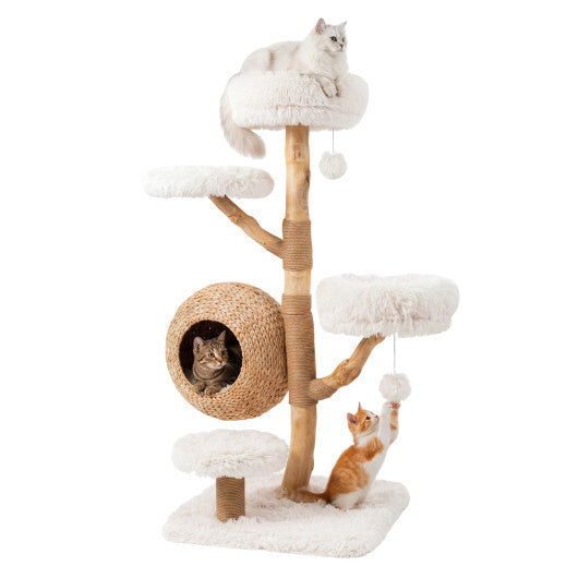 5-Tier Wooden Cat Tree with Woven Condo Plush Perches Jute Posts & Balls-White - Color: White