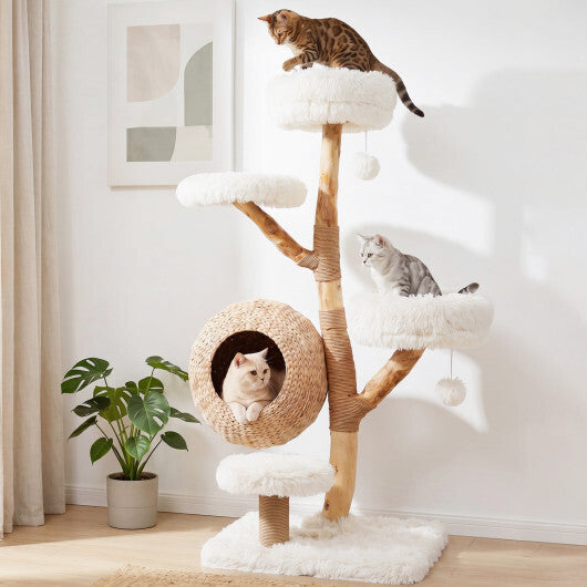 5-Tier Wooden Cat Tree with Woven Condo Plush Perches Jute Posts & Balls-White - Color: White