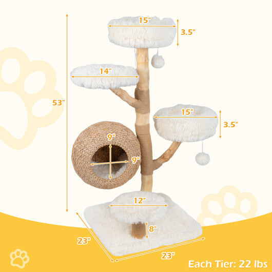 5-Tier Wooden Cat Tree with Woven Condo Plush Perches Jute Posts & Balls-White - Color: White