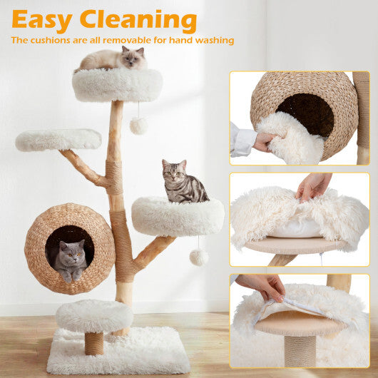 5-Tier Wooden Cat Tree with Woven Condo Plush Perches Jute Posts & Balls-White - Color: White